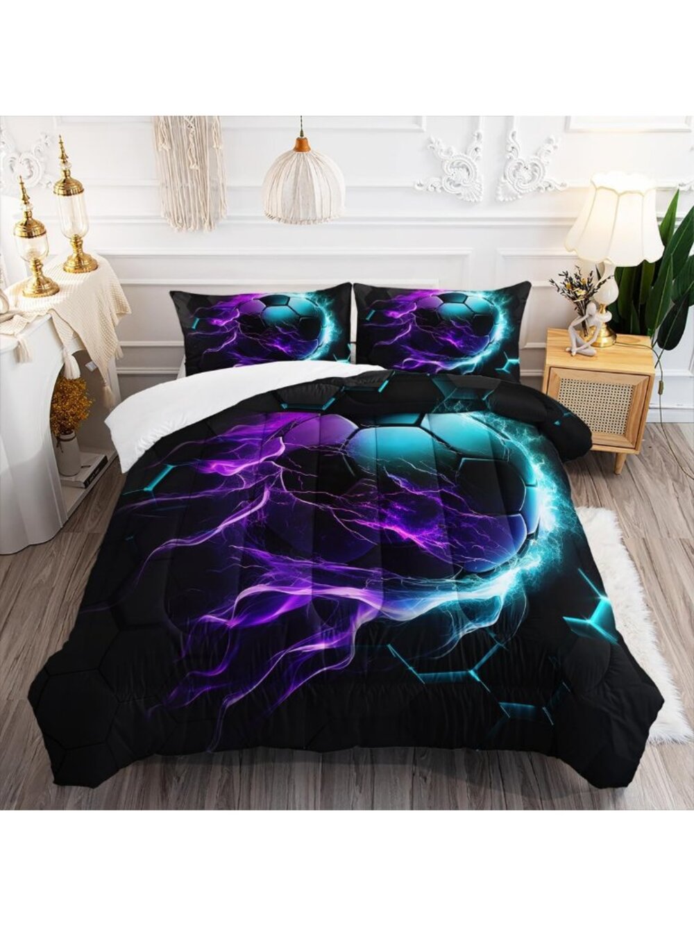 Soccer Print Comforter Set 3PCs Queen - Gaming Sports Bedding for Kids & Teens